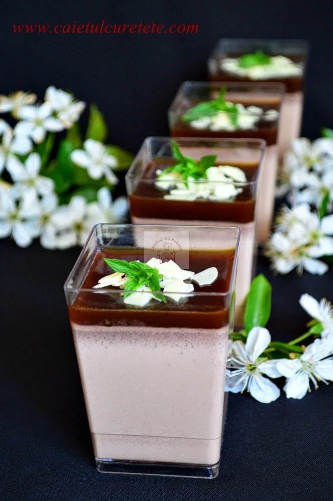 Panna cotta cu ciocolată și cafea servită pe o farfurie elegantă